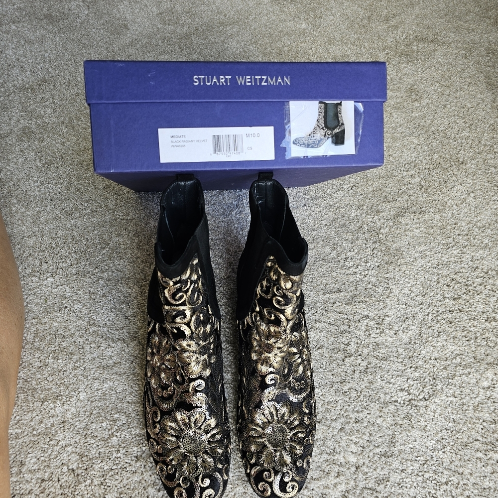 Stuart Weitzman Mediate Black Radiant Velvet Gold Sequins bootie Size 10 - Picture 14 of 17